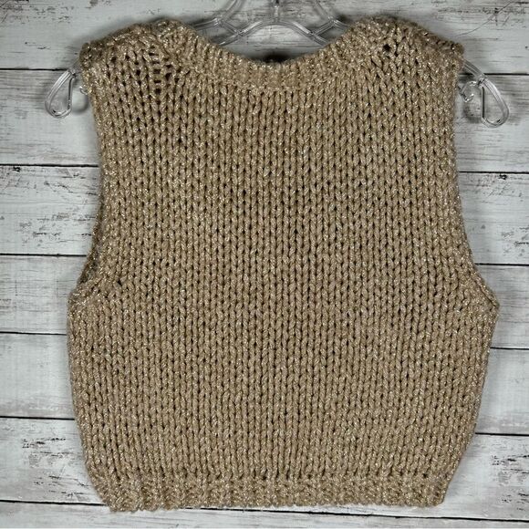 ZARA Cropped Chunky Gold Shimmer Taupe Chunky Sweater Vest M - Picture 3 of 8